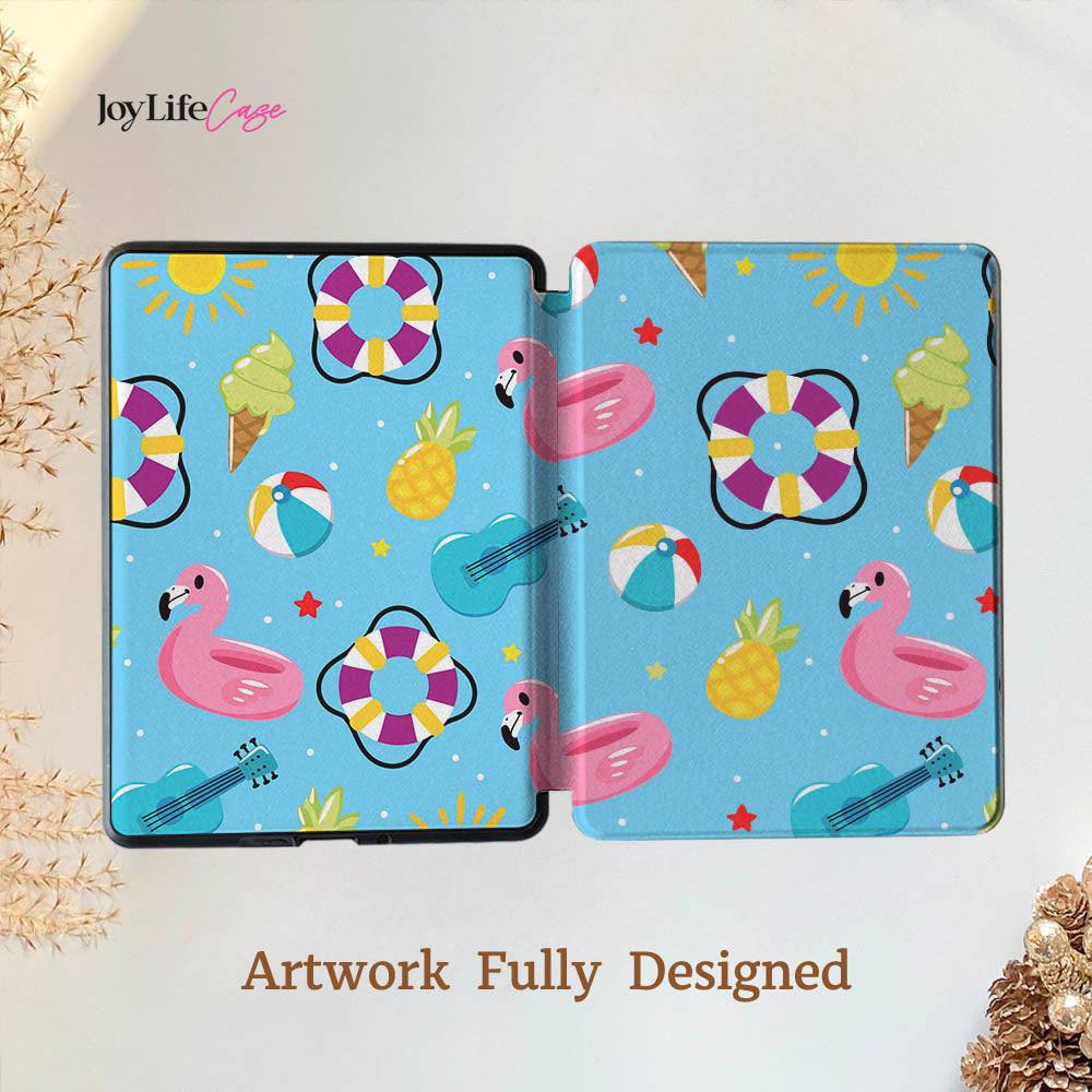 Tablet case with flamingo, pineapple, and beach ball design on a light blue background