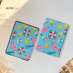 Two blue cases with summer-themed designs featuring flamingos, ice cream, and beach balls on a light background.