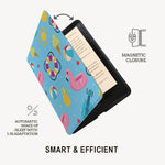 Tablet case with colorful design and text highlighting features on a white background