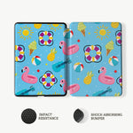 Colorful phone case with flamingo, ice cream, and beach ball designs on a blue background.