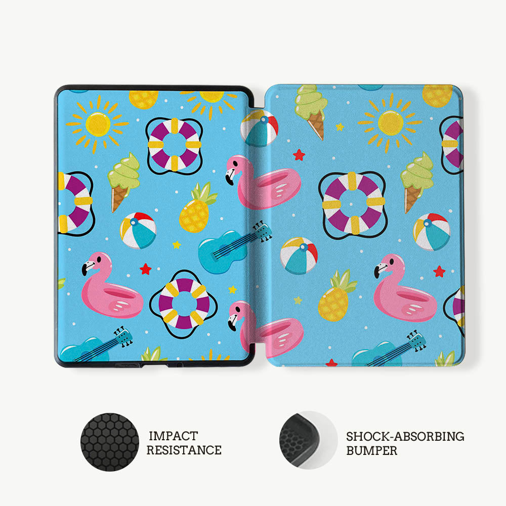 Colorful phone case with flamingo, ice cream, and beach ball designs on a blue background.