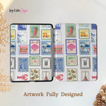 Phone case with travel-themed design featuring stamps and landmarks on a white background.