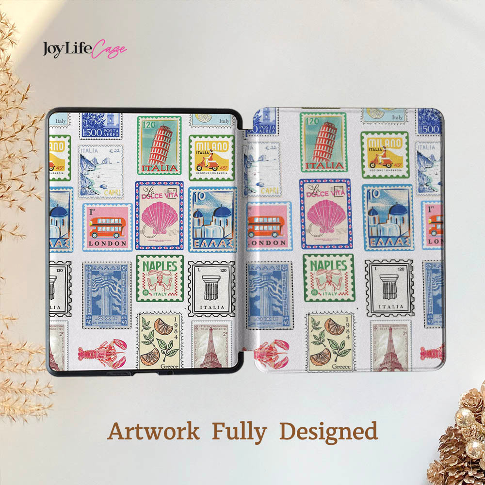 Phone case with travel-themed design featuring stamps and landmarks on a white background.