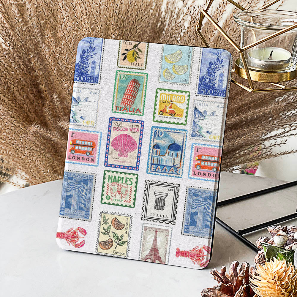 Tablet with a colorful stamp design on a decorative surface