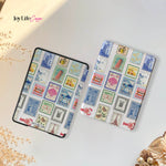 Two phone cases with vintage stamp design on a light background, featuring the brand 'joyLife Creations'.