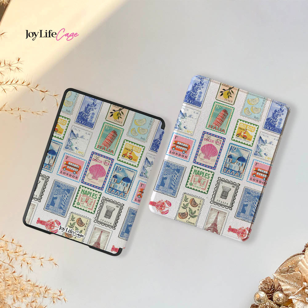 Two phone cases with vintage stamp design on a light background, featuring the brand 'joyLife Creations'.
