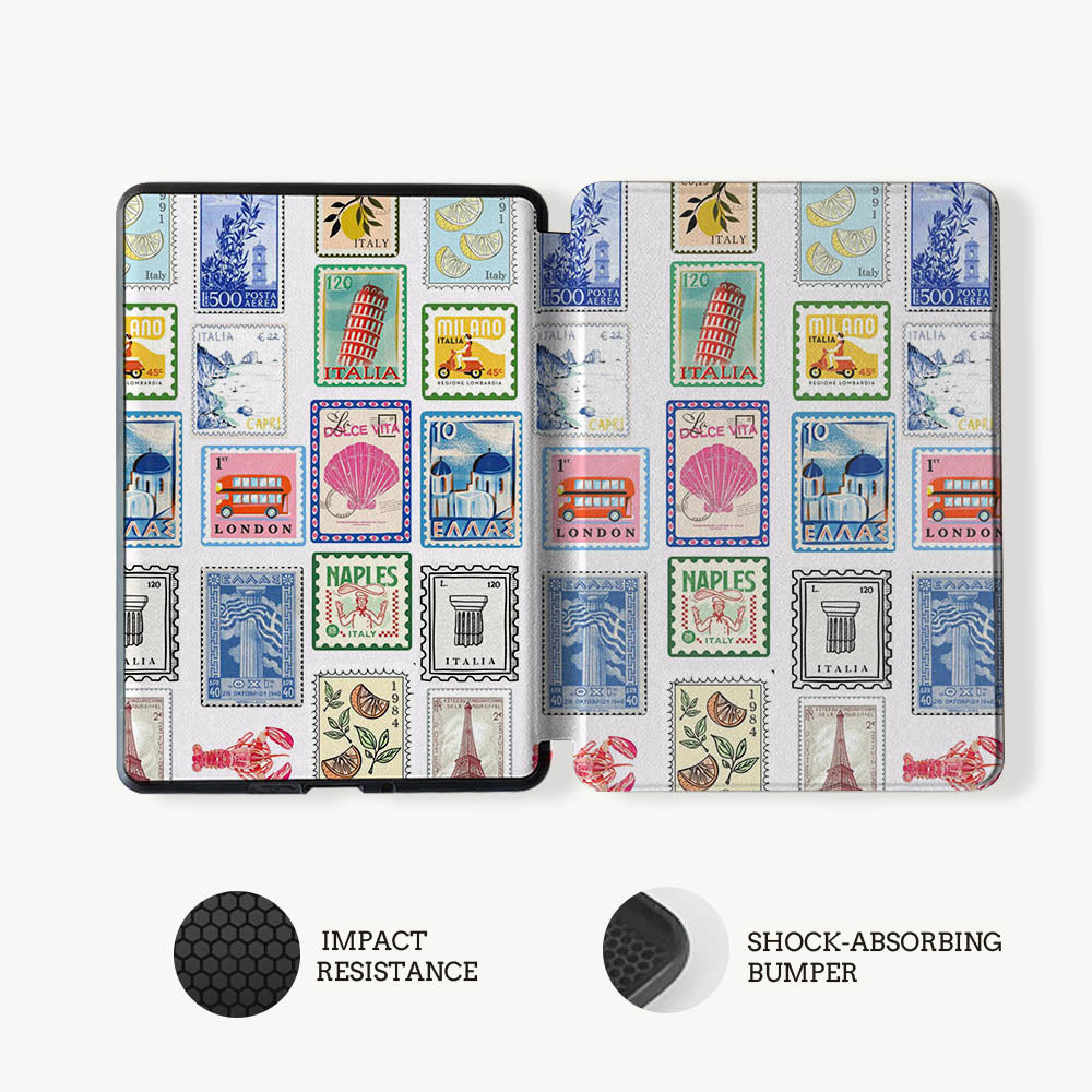 Phone case with vintage stamp design on a white background