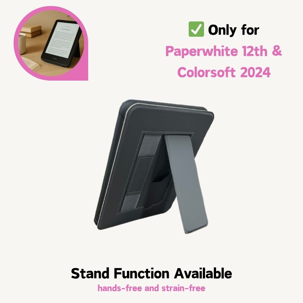 Black tablet stand with text indicating compatibility for Paperwhite 12th and Colorsoft 2024 models.