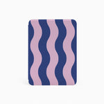 Square object with wavy blue and pink pattern on a white background