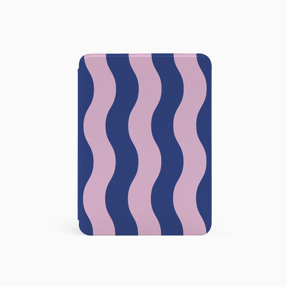 Square object with wavy blue and pink pattern on a white background