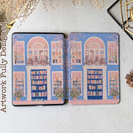 A kindle_colorsoft_case design featuring a bookstore with a blue door and an arched window showcasing bookshelves inside. The store has white windows on either side, also displaying books. Two green potted plants sit at the entrance, adding vibrancy. The overall color scheme of blue and pink creates a warm and peaceful atmosphere.